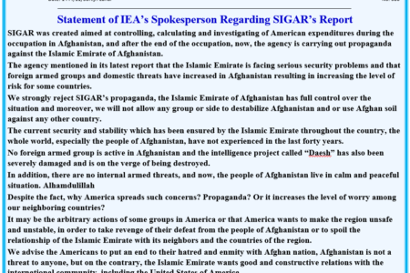Statement of IEA’s Spokesperson Regarding SIGAR’s Report