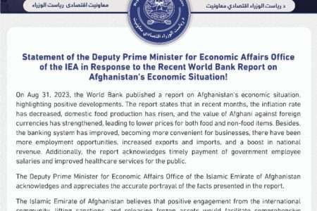 Statement of the Deputy PM for Economic Affairs Office of the IEA in Response to the Recent World Bank Report on Afghanistan’s Economic Situation!