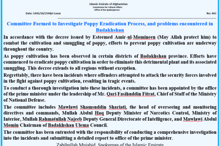 Committee Formed to Investigate Poppy Eradication Process, and the challenges encountered in Badakhshan